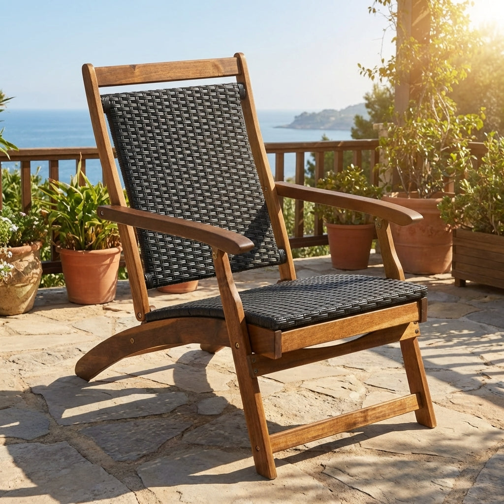 Patio Rattan Folding Lounge Chair with Acacia Wooden Frame Retractable Footrest Set of 2