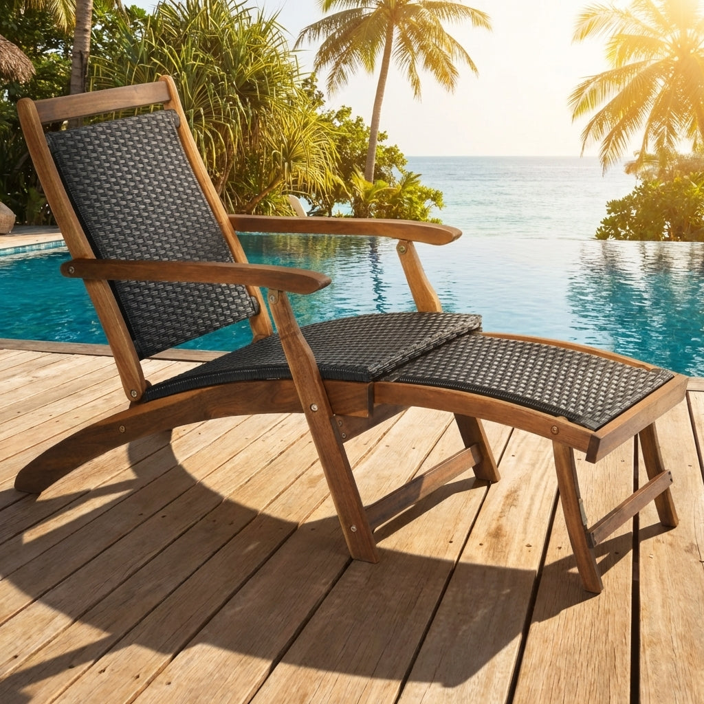 Patio Rattan Folding Lounge Chair with Acacia Wooden Frame Retractable Footrest Set of 2