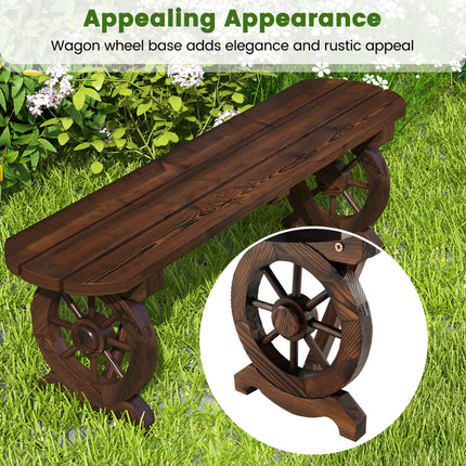 Patio Rustic Wood Bench with Wagon Wheel Base