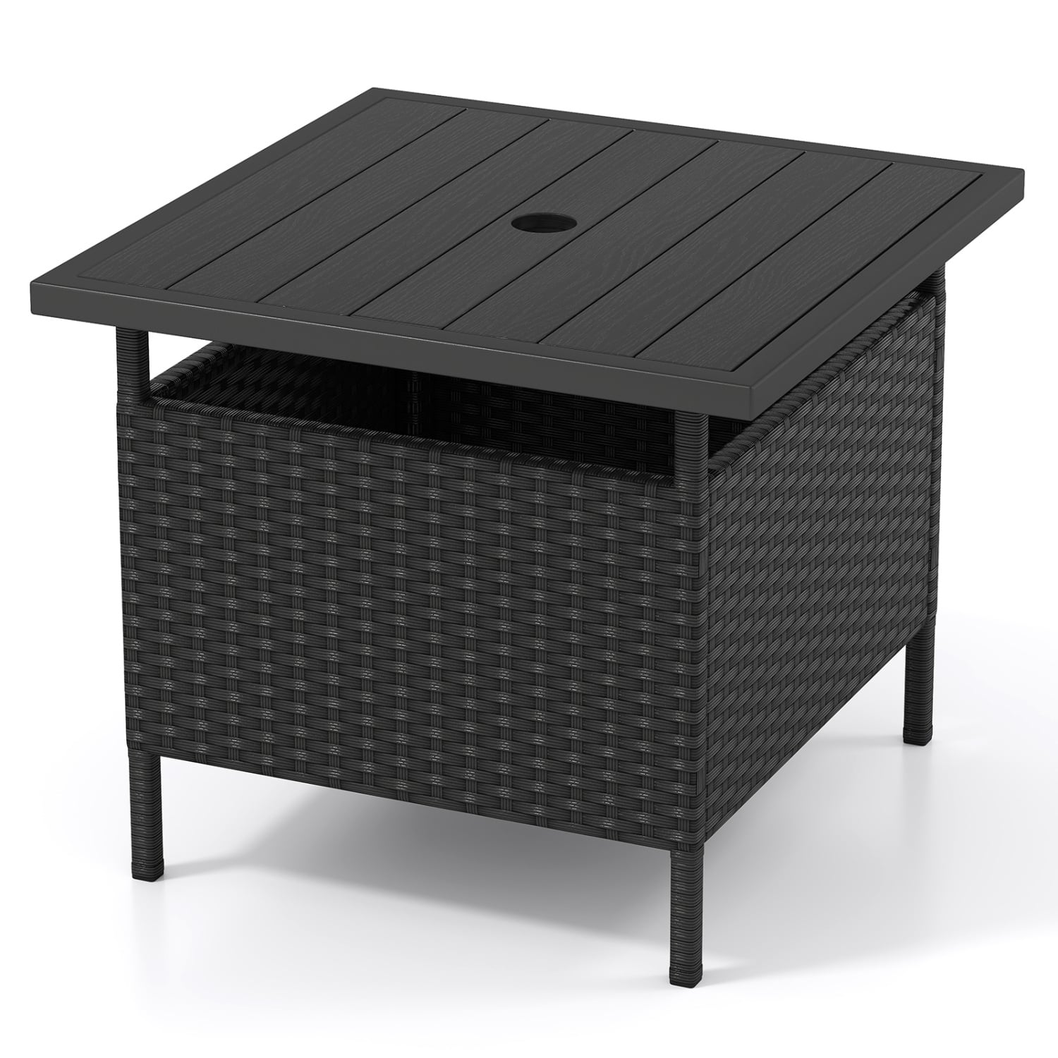 Table d'appoint carrée en osier pour patio, avec trou pour parasol, pour jardin - Noir