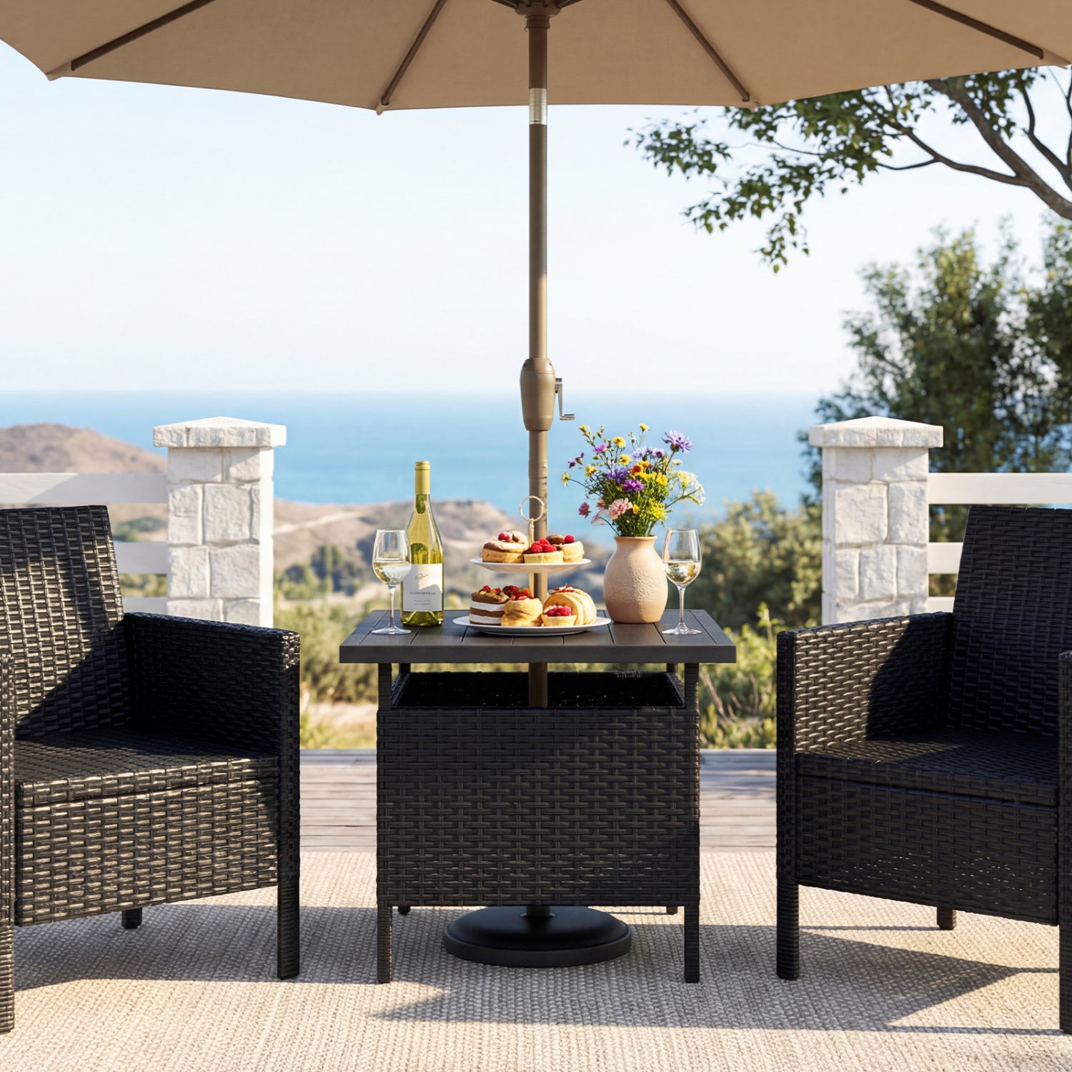 Table d'appoint carrée en osier pour patio, avec trou pour parasol, pour jardin - Noir