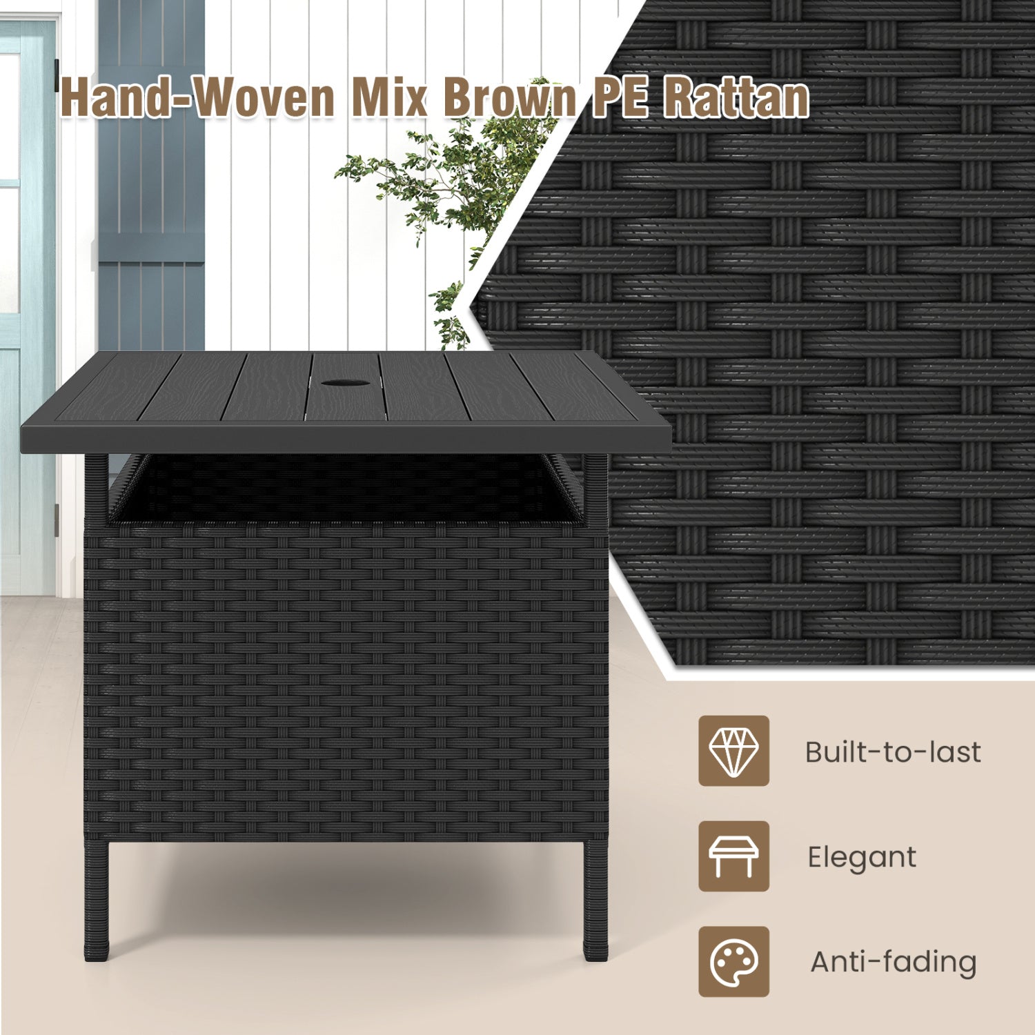 Table d'appoint carrée en osier pour patio, avec trou pour parasol, pour jardin - Noir