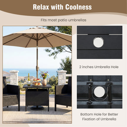 Patio Square Wicker Side Table with Umbrella Hole for Yard-Black