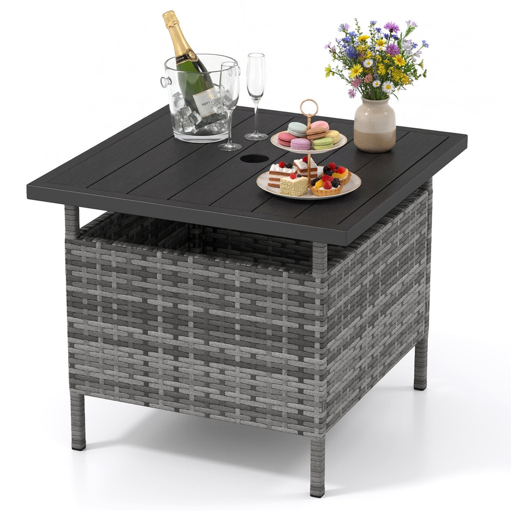 Table d'appoint carrée en osier pour patio avec trou pour parasol, pour jardin - Grise