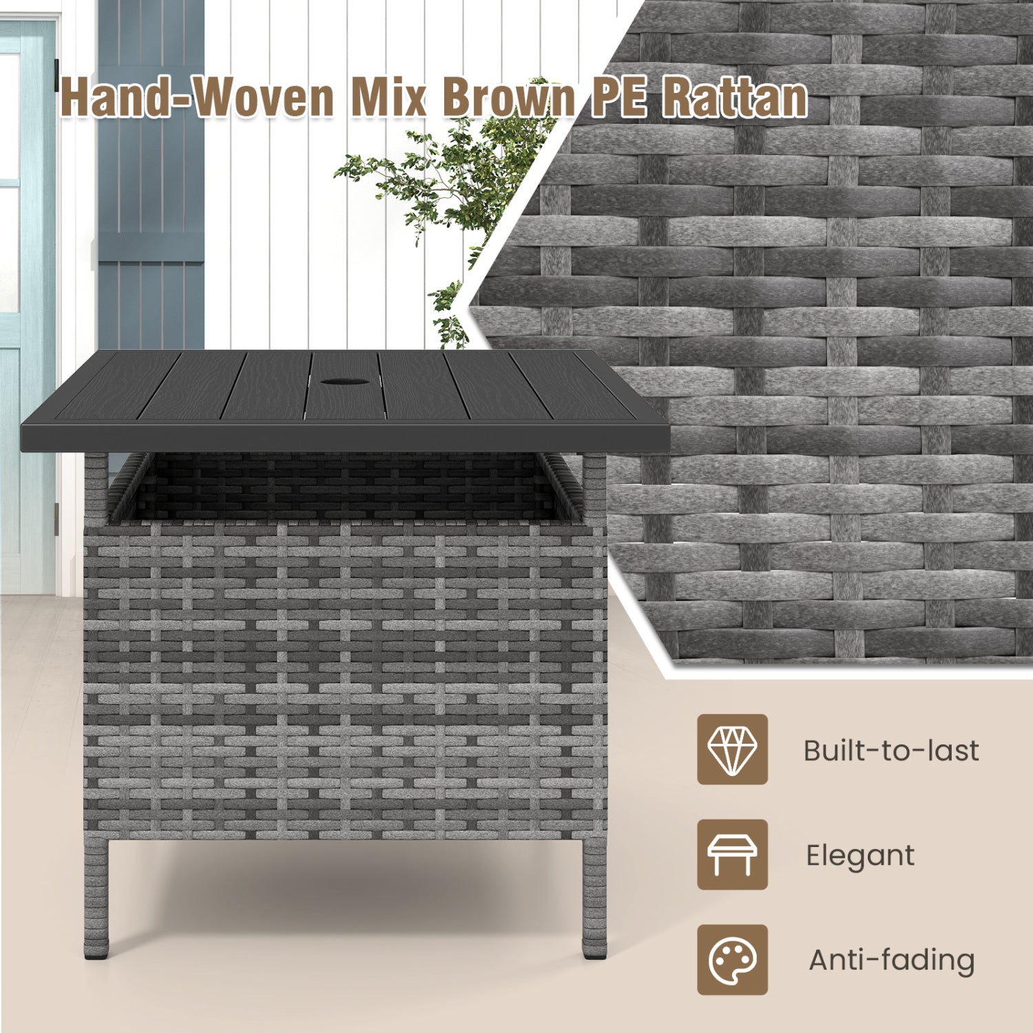 Table d'appoint carrée en osier pour patio avec trou pour parasol, pour jardin - Grise