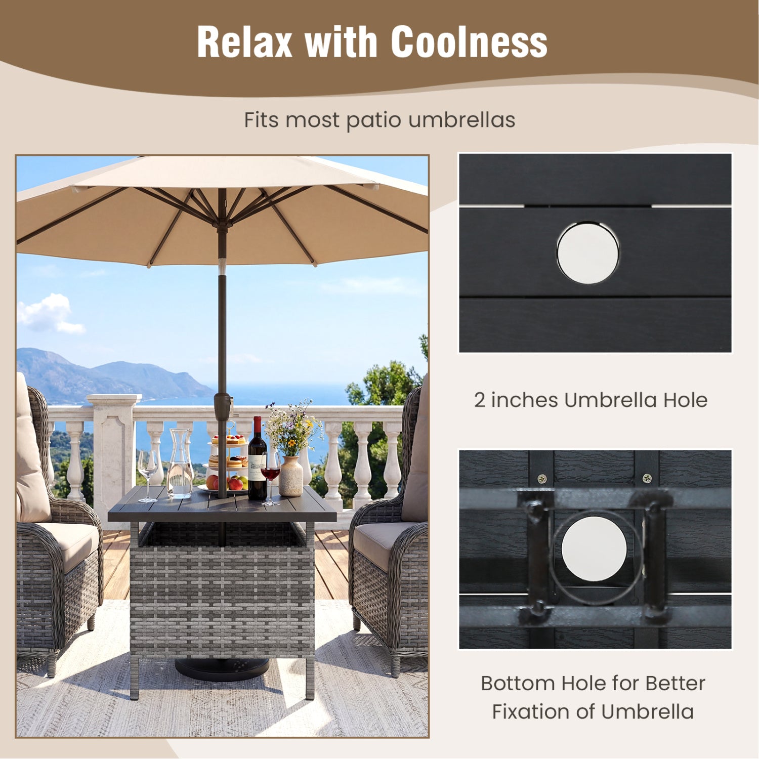 Table d'appoint carrée en osier pour patio avec trou pour parasol, pour jardin - Grise