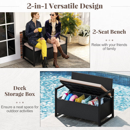 Patio Storage Bench Outdoor Wicker Loveseat with Built-in Storage