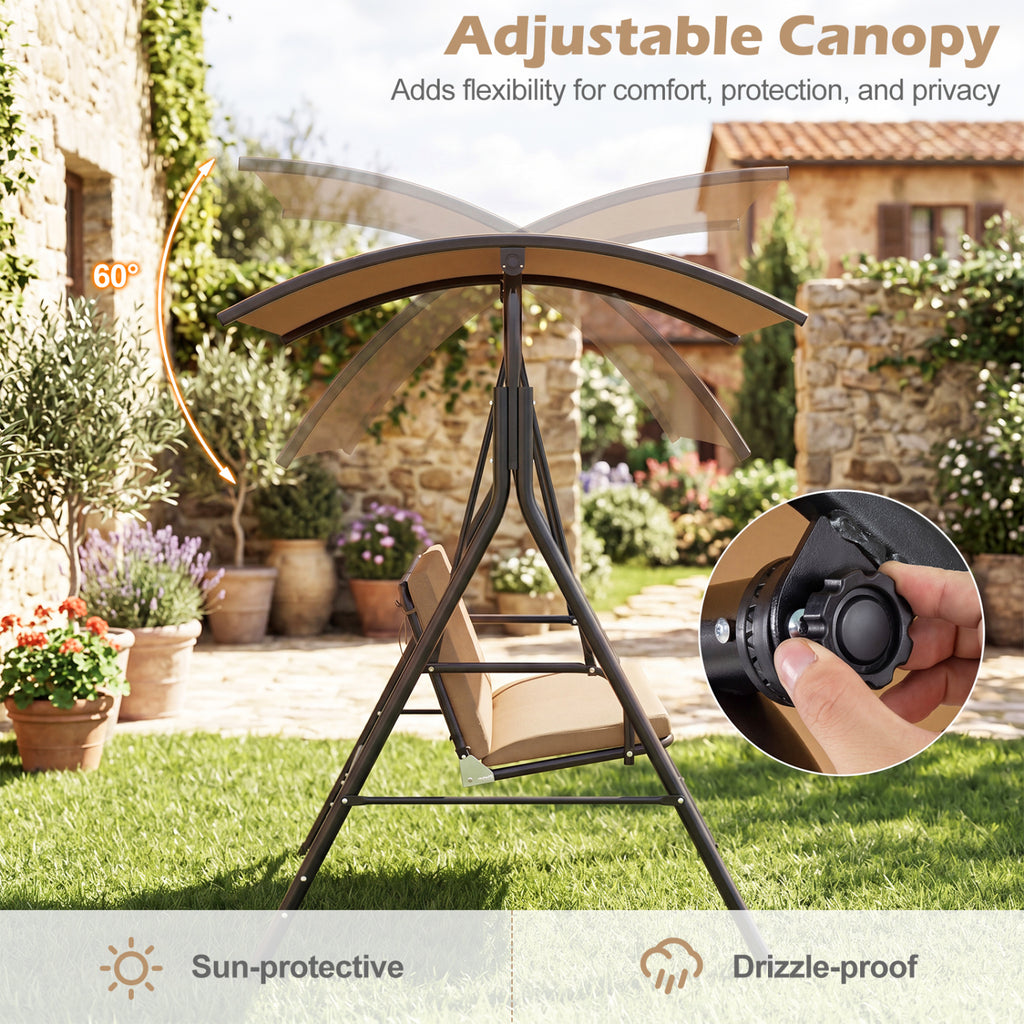 Fauteuil de jardin balancelle avec auvent réglable, coussin amovible et support en métal - Beige