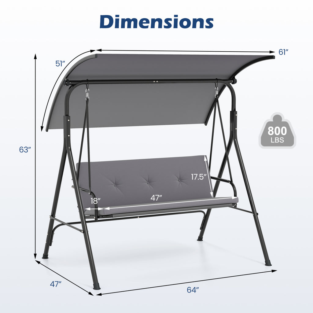Chaise balançoire de patio avec auvent réglable, coussin amovible et support en métal – Gris