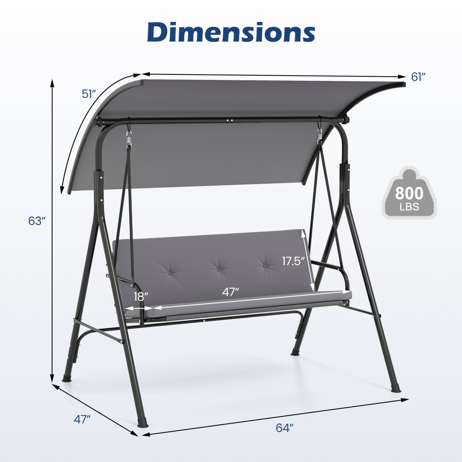 Chaise balançoire de patio avec auvent réglable, coussin amovible et support en métal – Gris