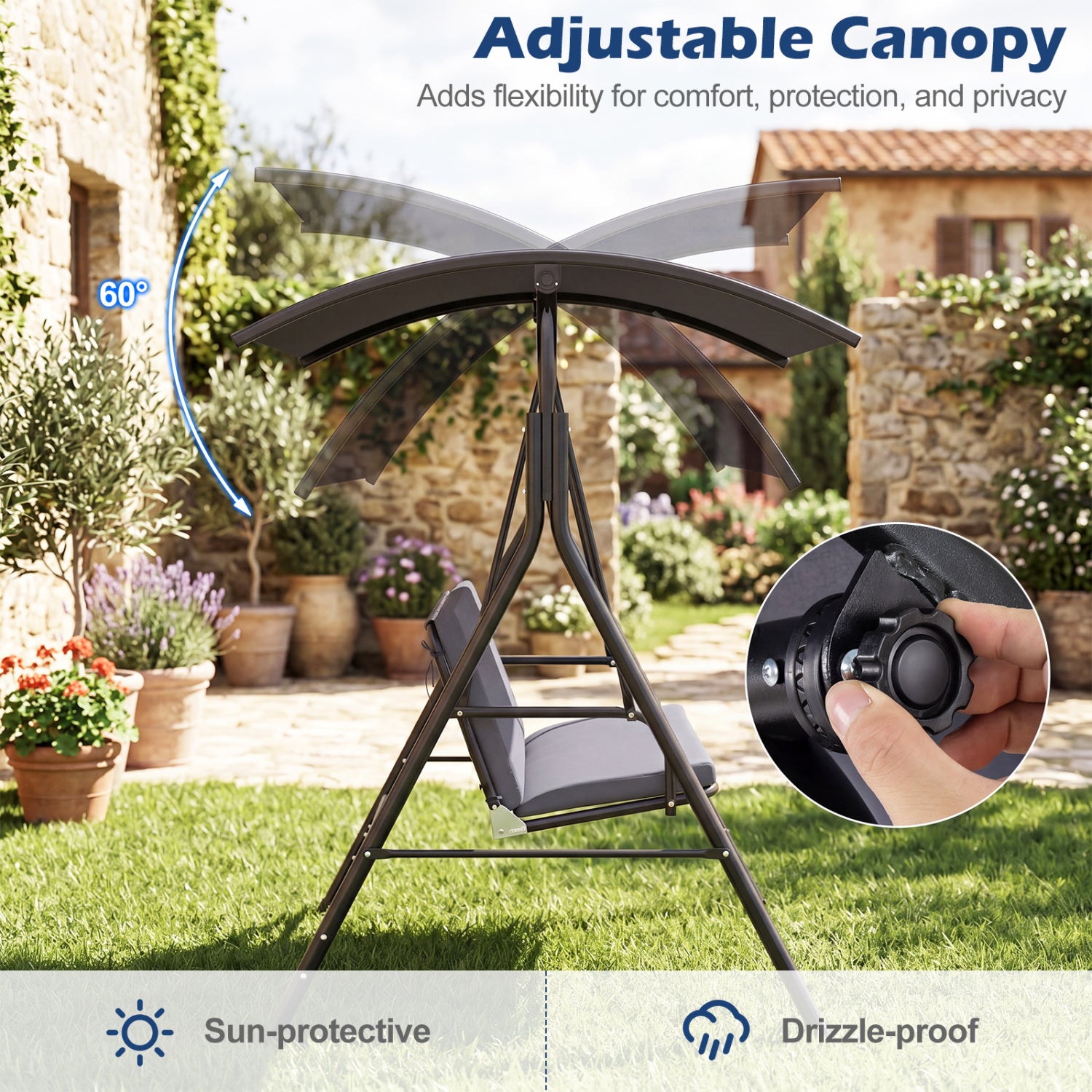 Chaise balançoire de patio avec auvent réglable, coussin amovible et support en métal – Gris