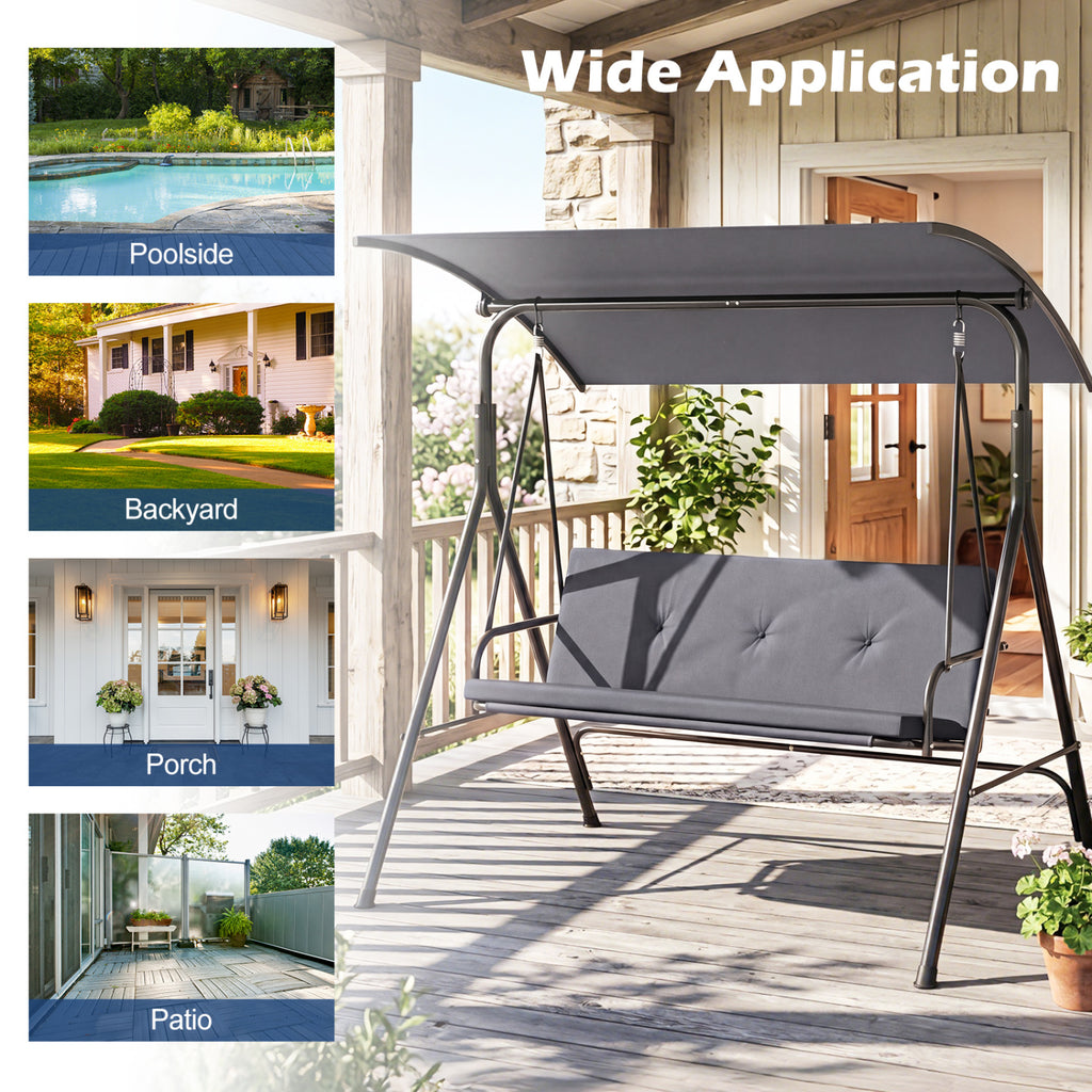 Chaise balançoire de patio avec auvent réglable, coussin amovible et support en métal – Gris