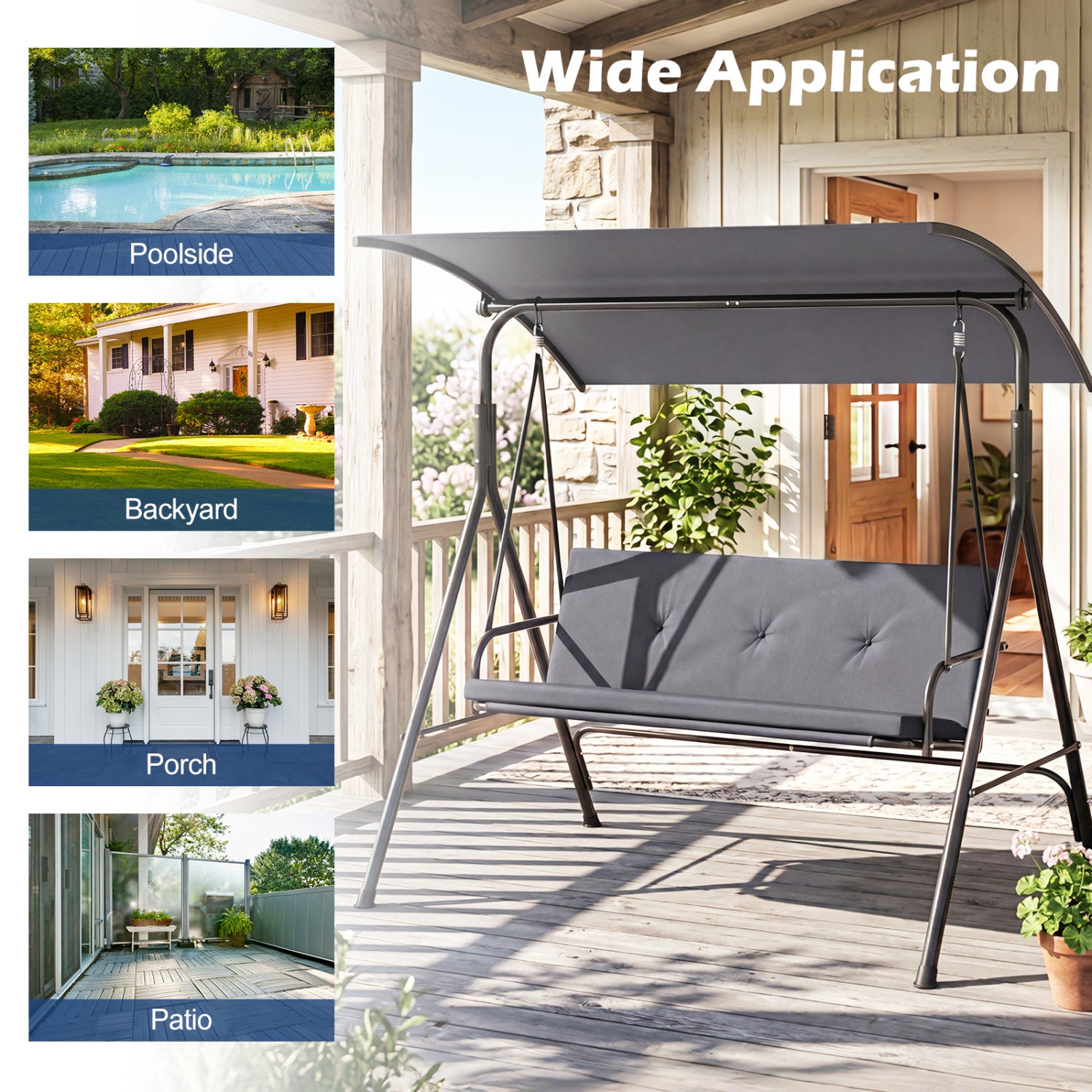 Chaise balançoire de patio avec auvent réglable, coussin amovible et support en métal – Gris