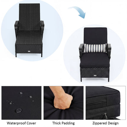 Patio Wicker Chaise Lounge Chair with Pillow and Adjustable Backrest with Cushion-Black