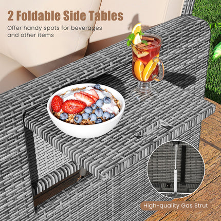Patio Wicker Loveseat Sofa with Multipurpose Ottoman and Retractable Side Tray-Beige