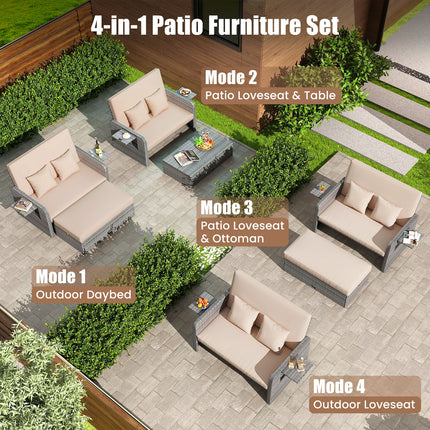 Patio Wicker Loveseat Sofa with Multipurpose Ottoman and Retractable Side Tray-Beige