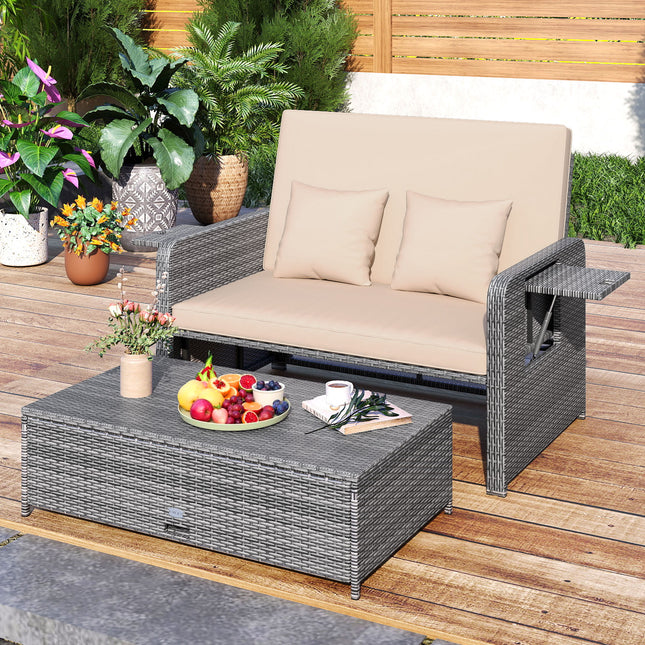 Patio Wicker Loveseat Sofa with Multipurpose Ottoman and Retractable Side Tray-Beige