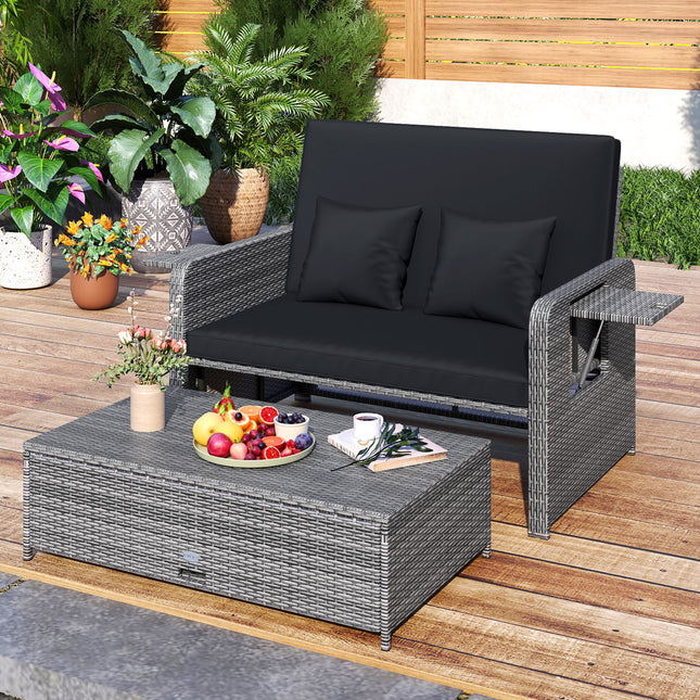 Patio Wicker Loveseat Sofa with Multipurpose Ottoman and Retractable Side Tray-Black