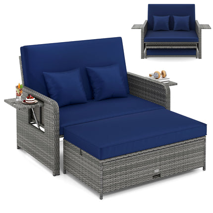 Patio Wicker Loveseat Sofa with Multipurpose Ottoman and Retractable Side Tray-Navy