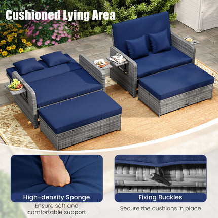 Patio Wicker Loveseat Sofa with Multipurpose Ottoman and Retractable Side Tray-Navy