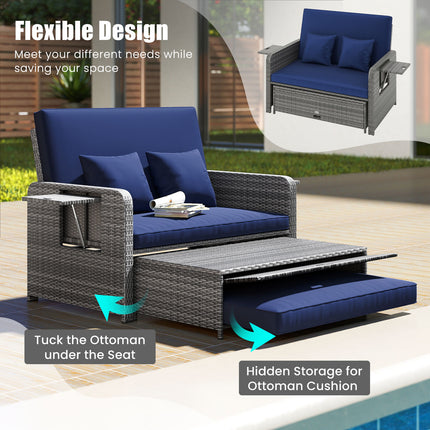 Patio Wicker Loveseat Sofa with Multipurpose Ottoman and Retractable Side Tray-Navy