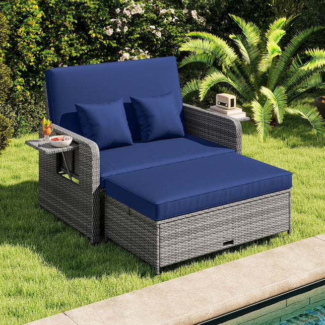 Patio Wicker Loveseat Sofa with Multipurpose Ottoman and Retractable Side Tray-Navy
