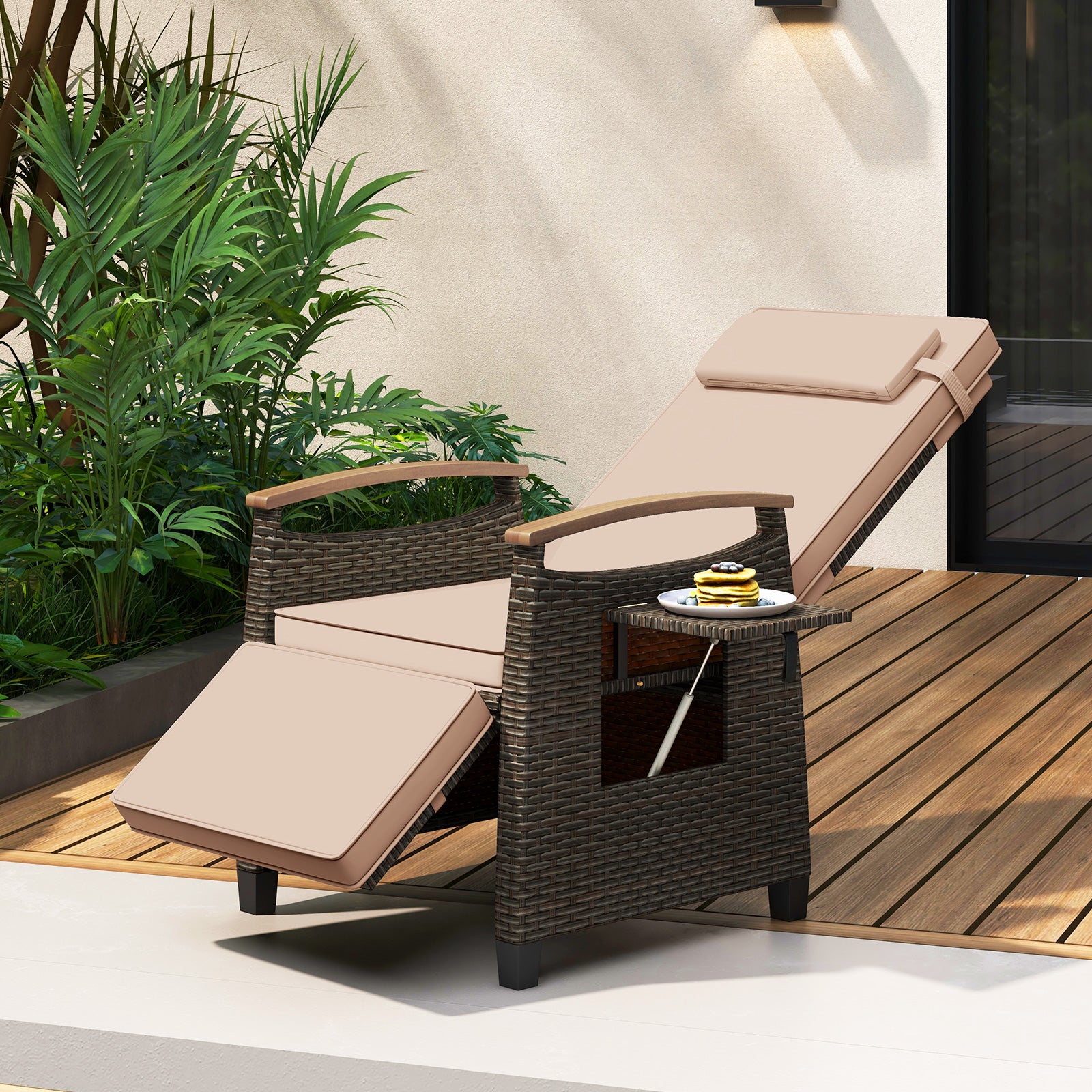 Patio Wicker Recliner Chair with Adjustable Backrest and Footrest-Brown