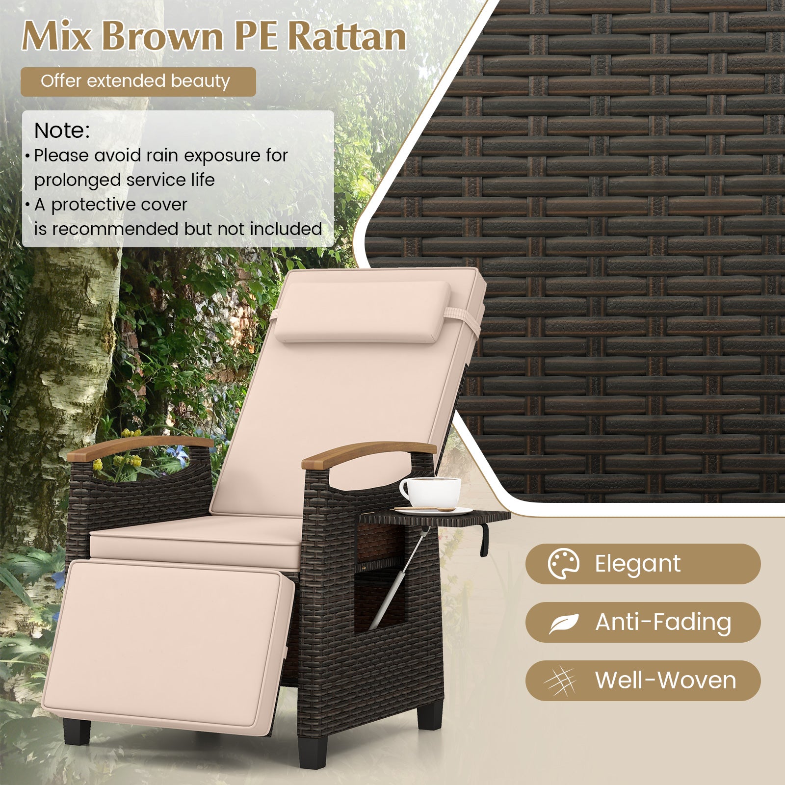 Patio Wicker Recliner Chair with Adjustable Backrest and Footrest-Brown