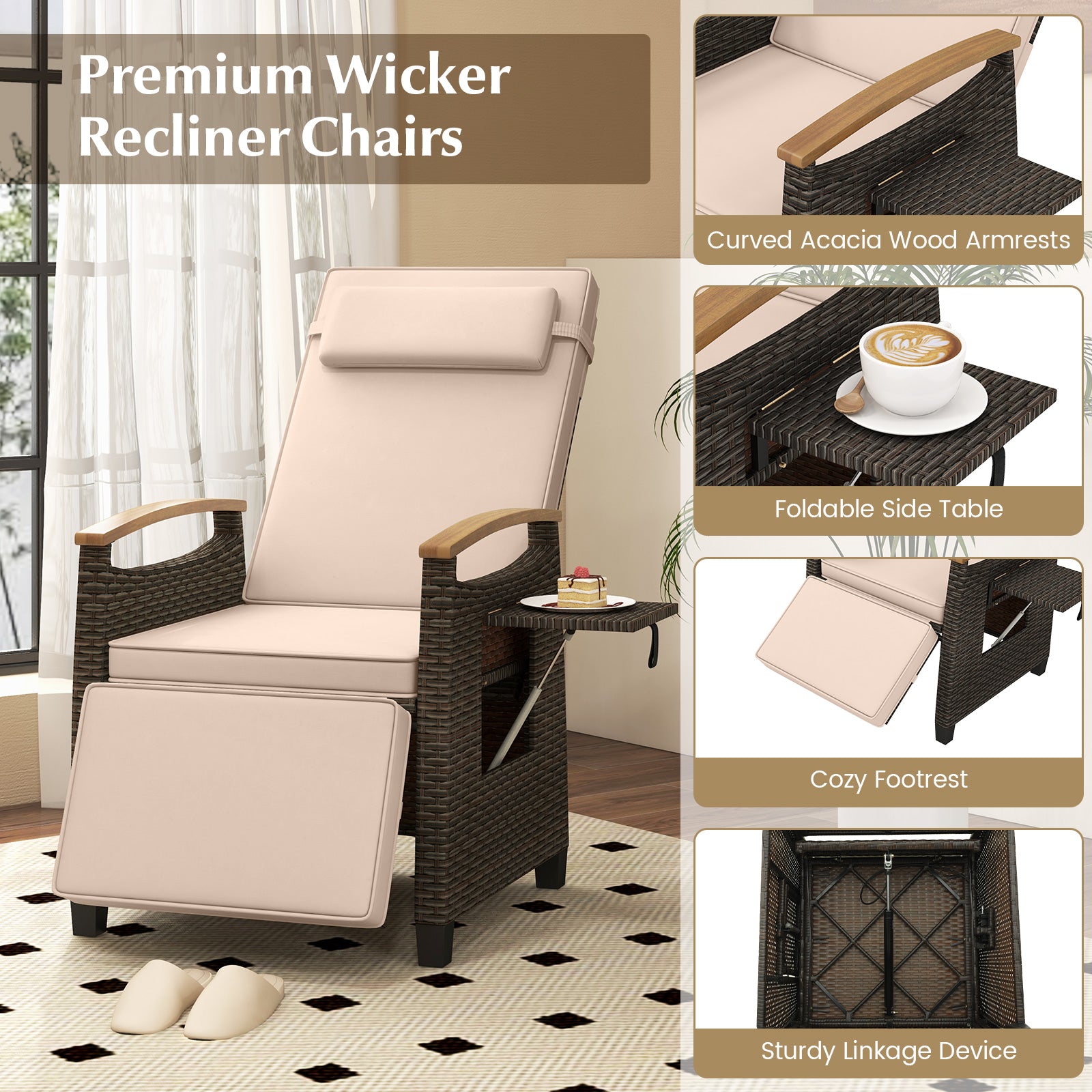 Patio Wicker Recliner Chair with Adjustable Backrest and Footrest-Brown