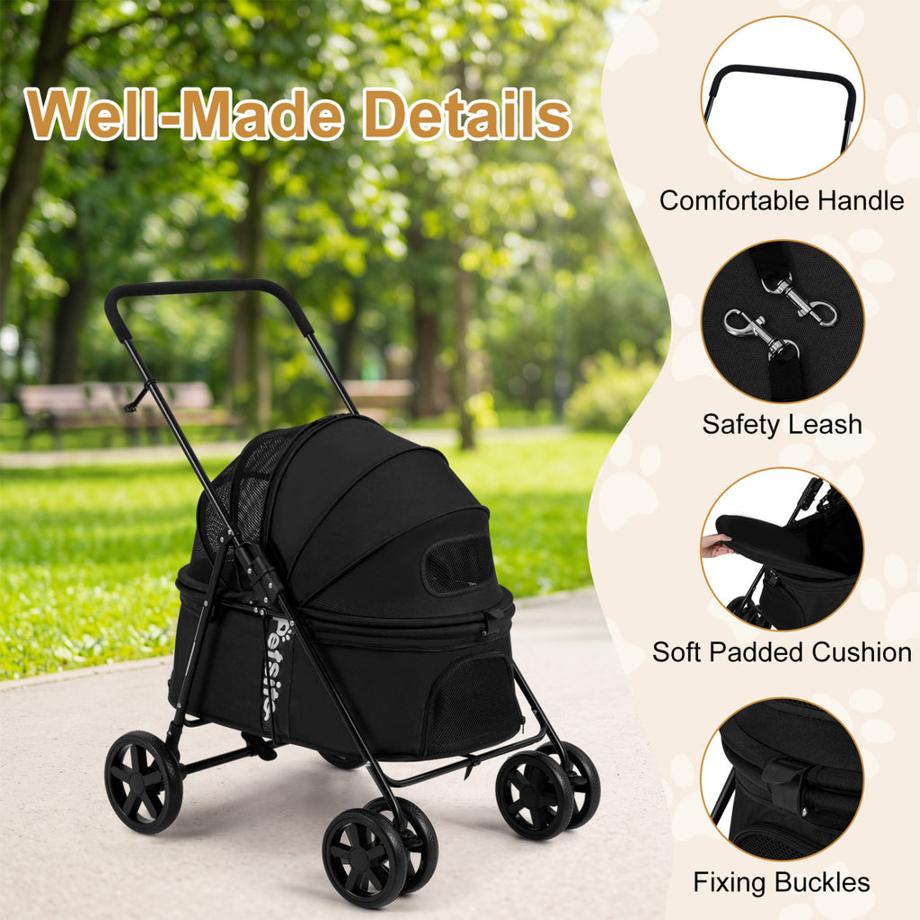 Pet Stroller for Small Medium Dogs Foldable with One-Step Rear Brake and Canopy-Black