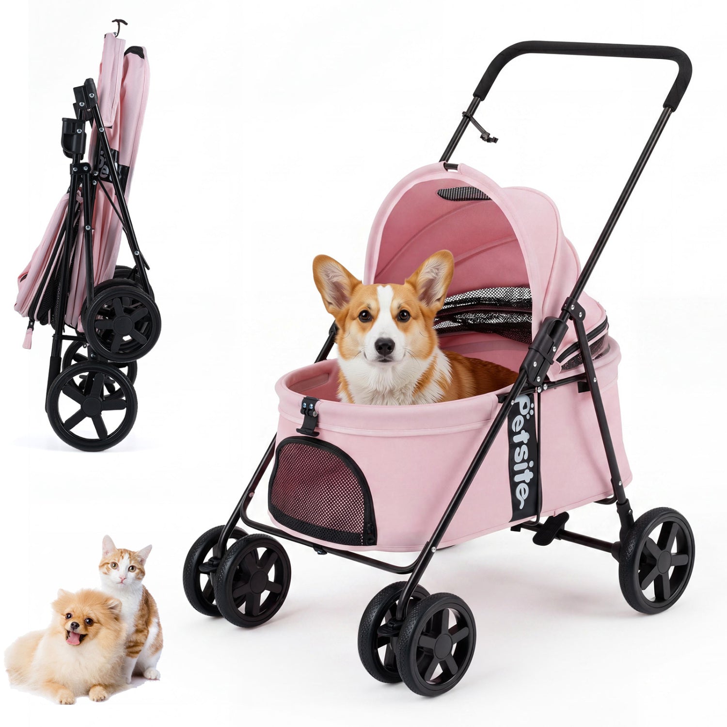 Pet Stroller for Small Medium Dogs Foldable with One-Step Rear Brake and Canopy-Pink