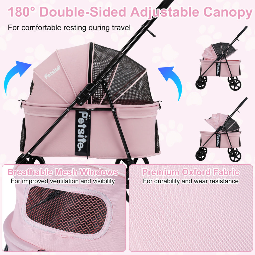 Pet Stroller for Small Medium Dogs Foldable with One-Step Rear Brake and Canopy-Pink