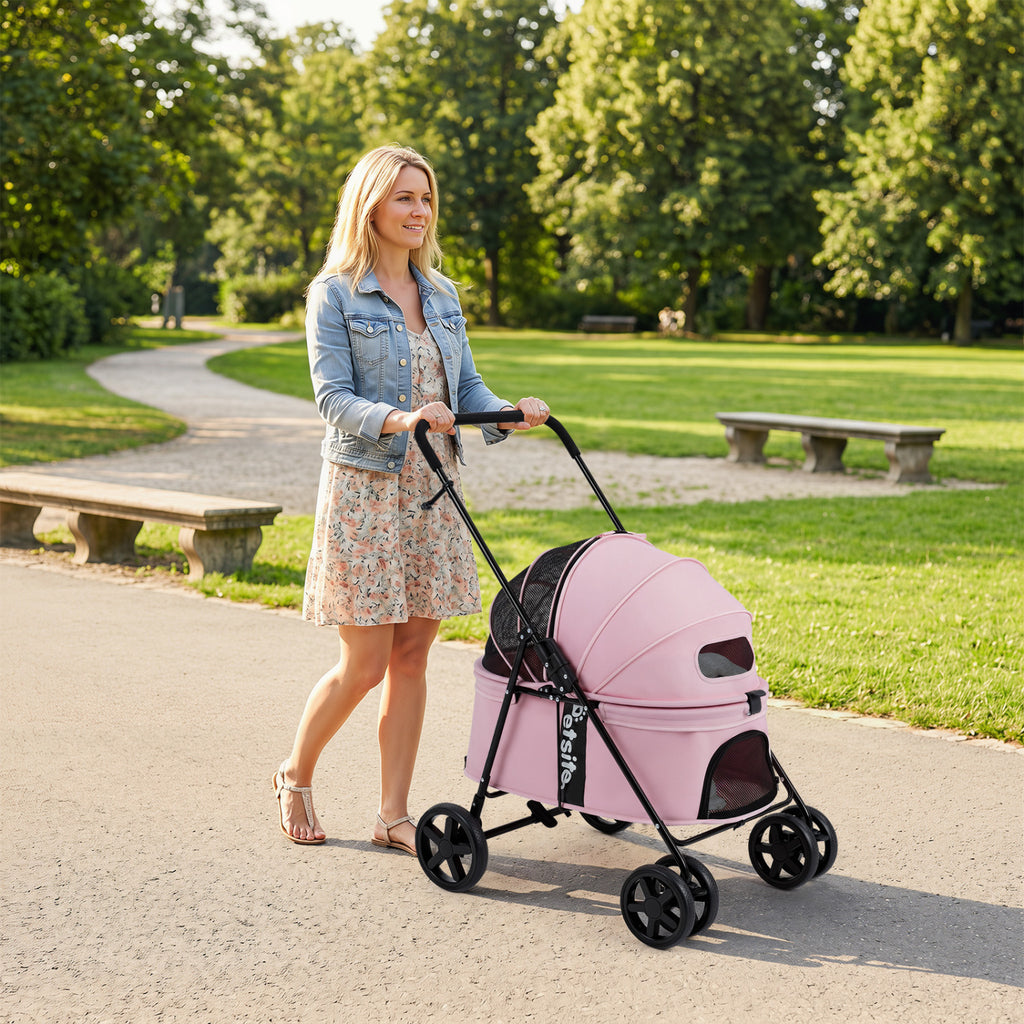 Pet Stroller for Small Medium Dogs Foldable with One-Step Rear Brake and Canopy-Pink