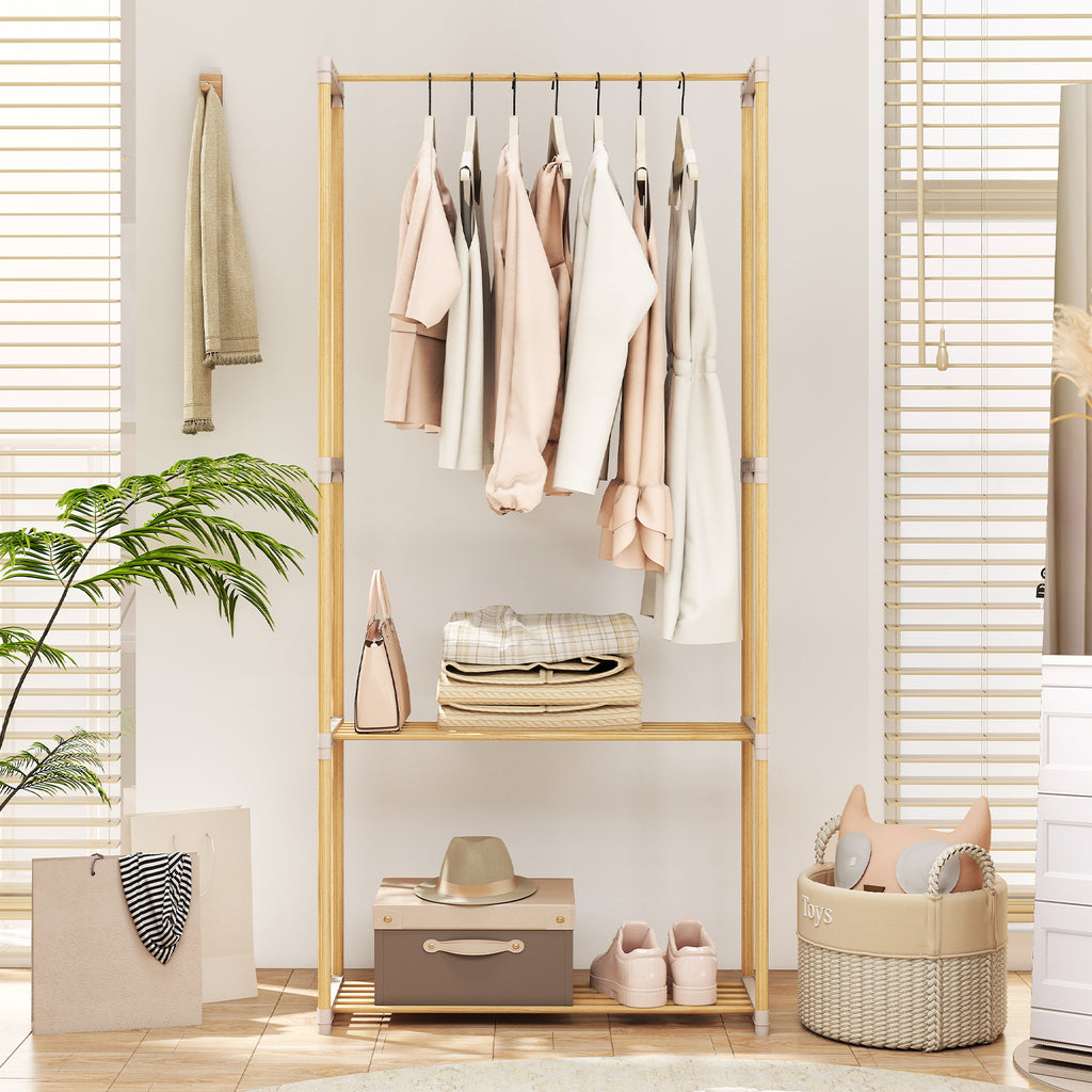 Pine Wood Clothes Rack with 2-Tier Open Storage Shelf for Hanging Clothes-Gray