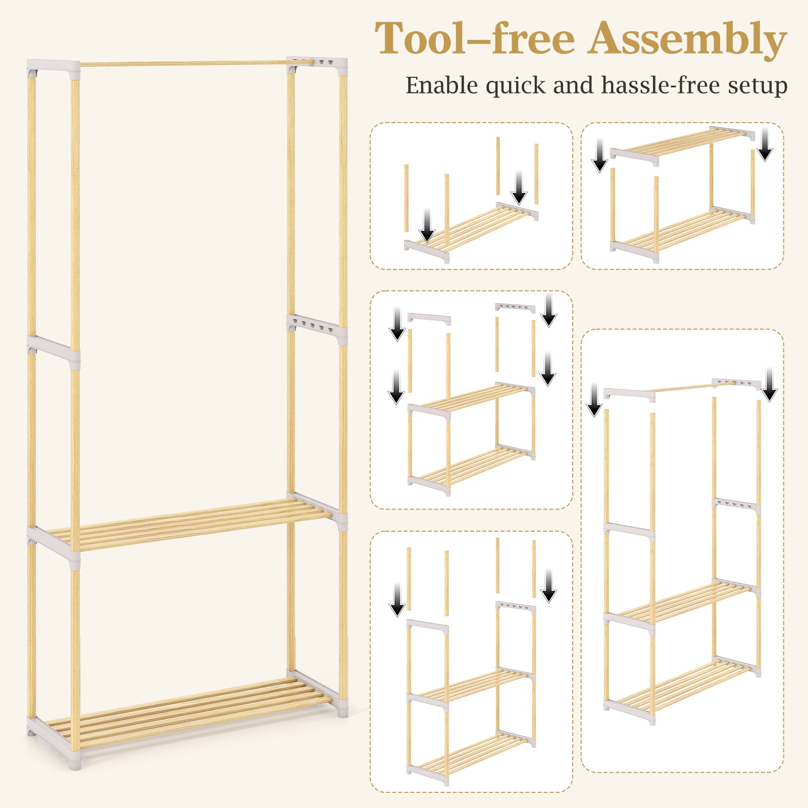 Pine Wood Clothes Rack with 2-Tier Open Storage Shelf for Hanging Clothes-Gray
