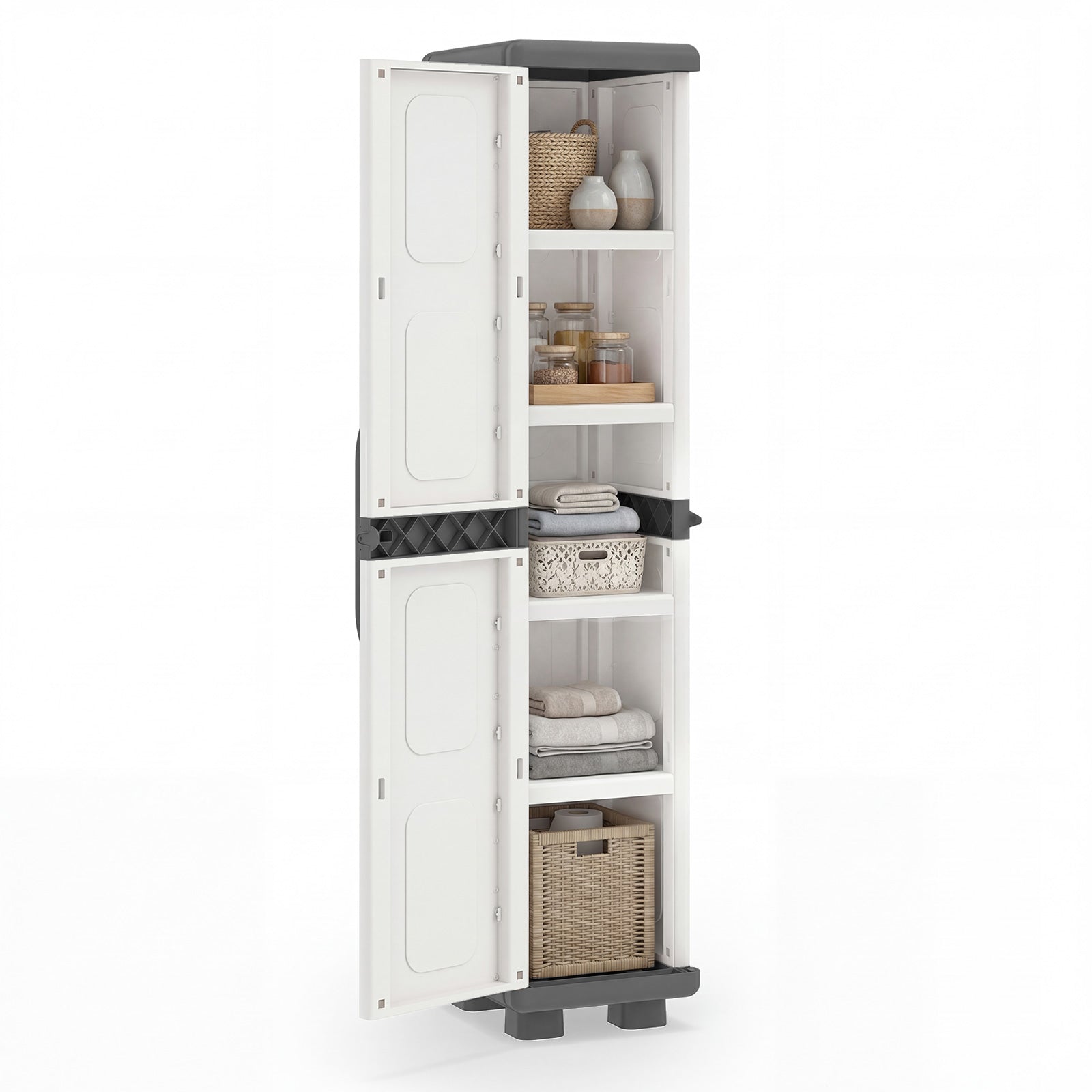 Plastic Kitchen Pantry with 4 Adjustable Shelves and Single Door for Living Room and Kitchen-Gray