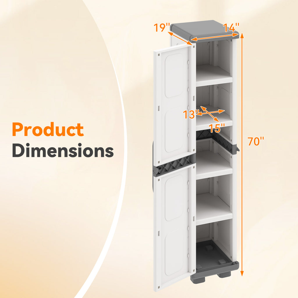 Plastic Kitchen Pantry with 4 Adjustable Shelves and Single Door for Living Room and Kitchen-Gray