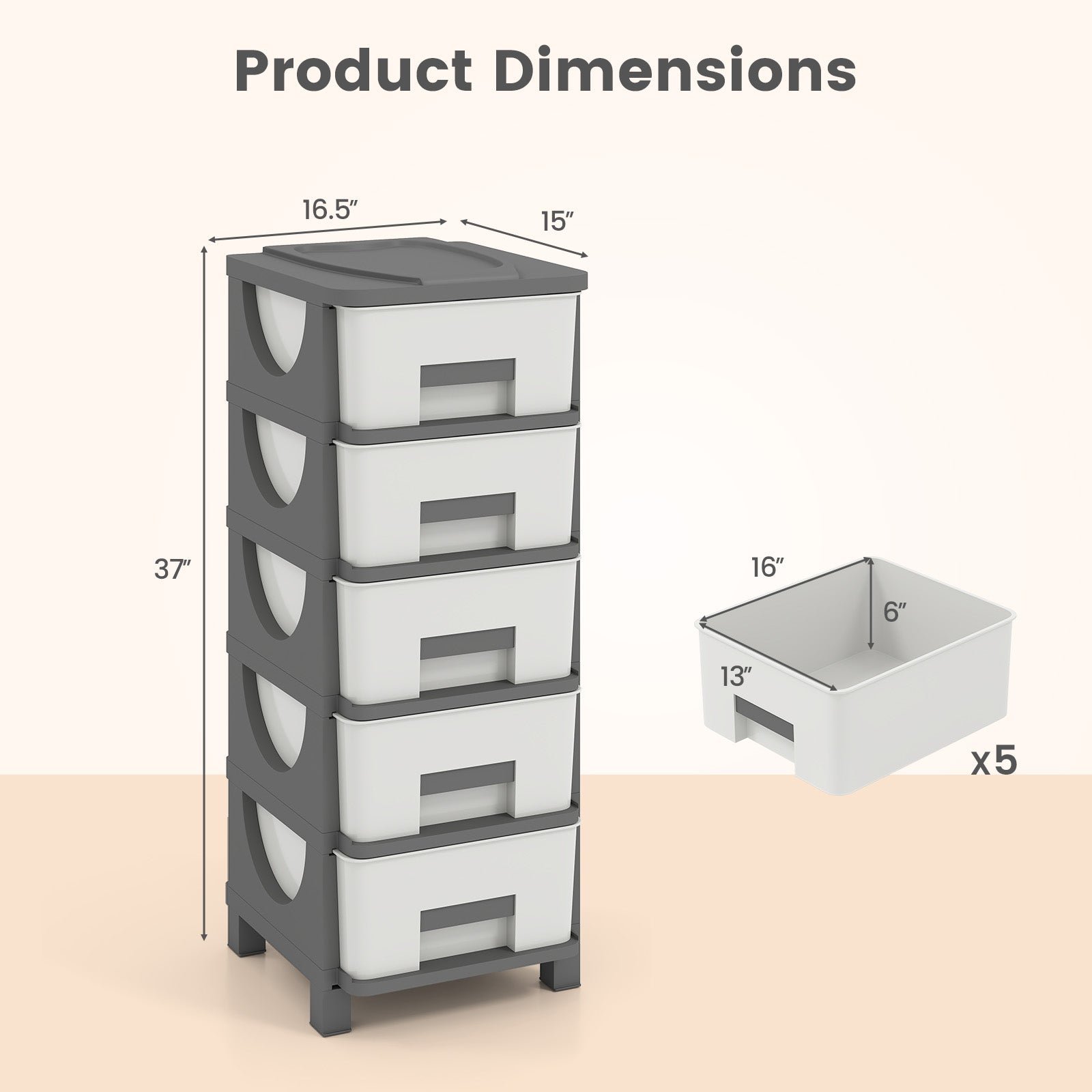 Plastic Storage Organizer with Handles and Compact Drawer Cabinet Side Table for Bedroom-Gray