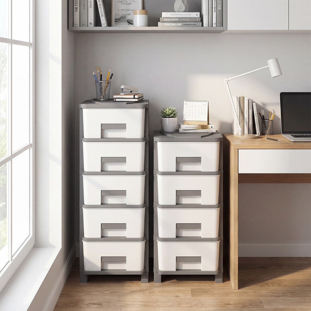 Plastic Storage Organizer with Handles and Compact Drawer Cabinet Side Table for Bedroom-Gray
