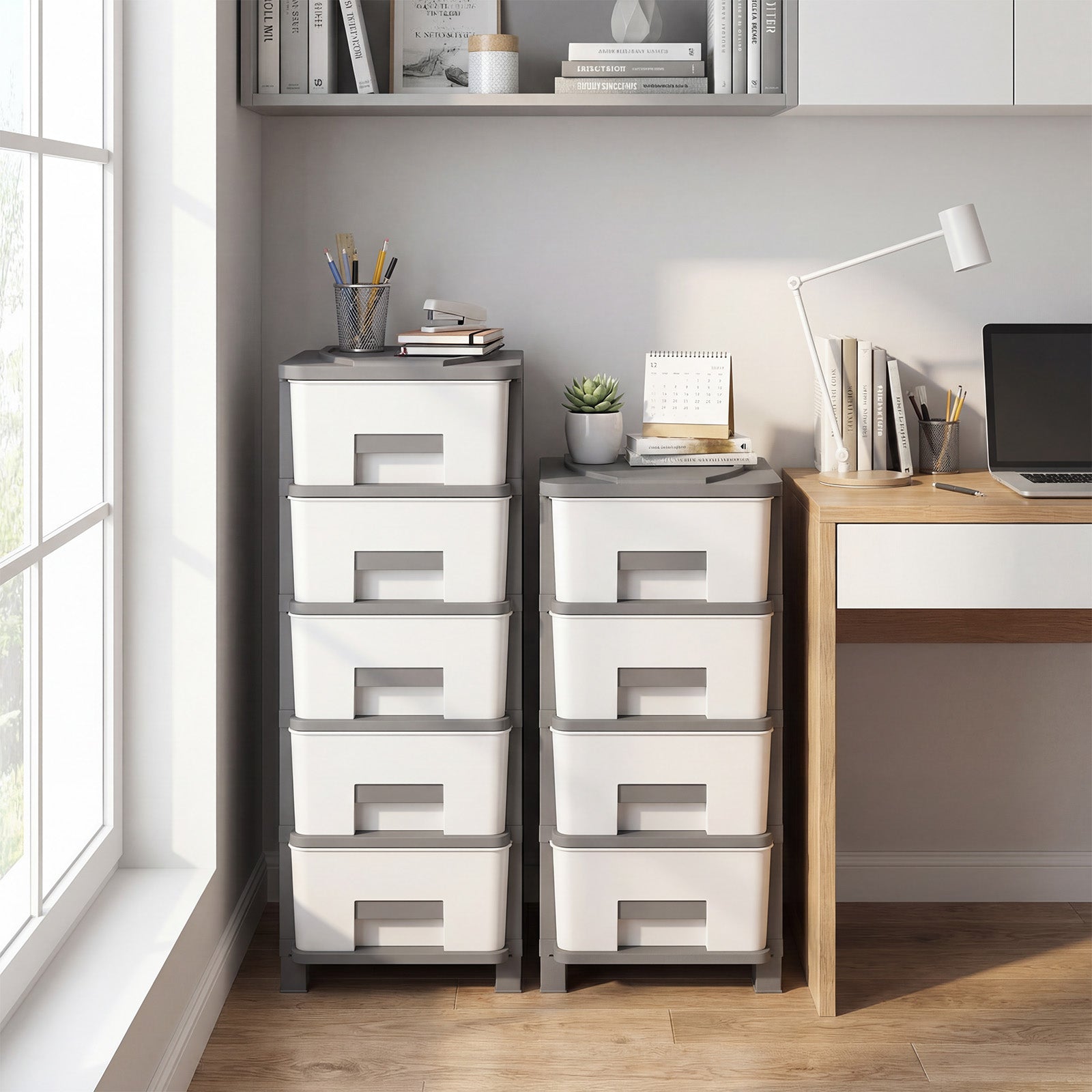 Plastic Storage Organizer with Handles and Compact Drawer Cabinet Side Table for Bedroom-Gray