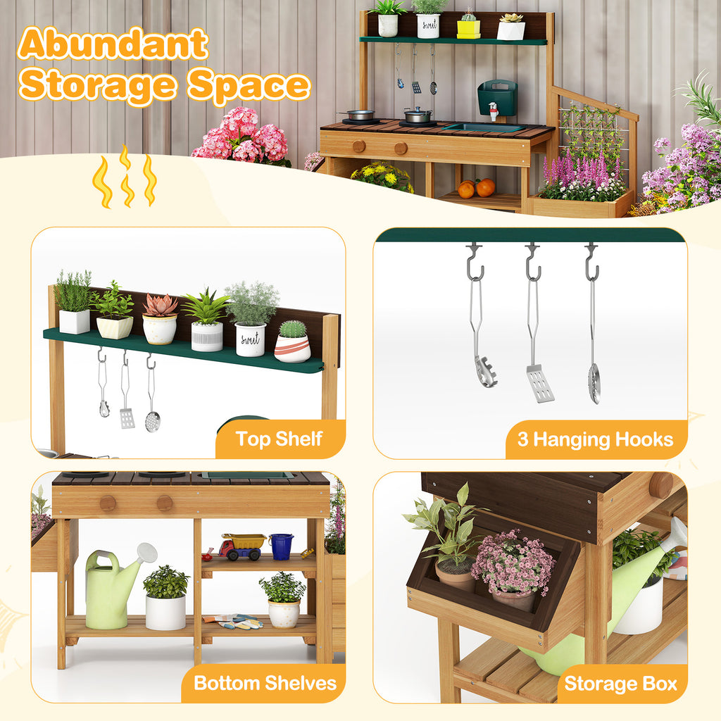 Play Kitchen for Kids Wooden Toy Kitchen Playset Pretend Mud Kitchen-Brown
