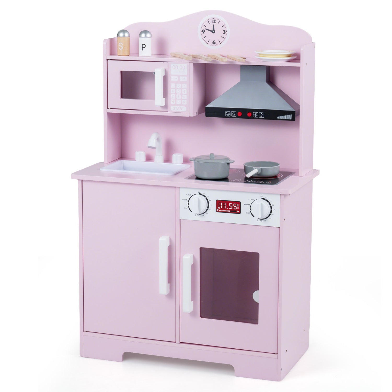 Play Kitchen for Kids Wooden Playset with Range Hood and Microwave-Pink