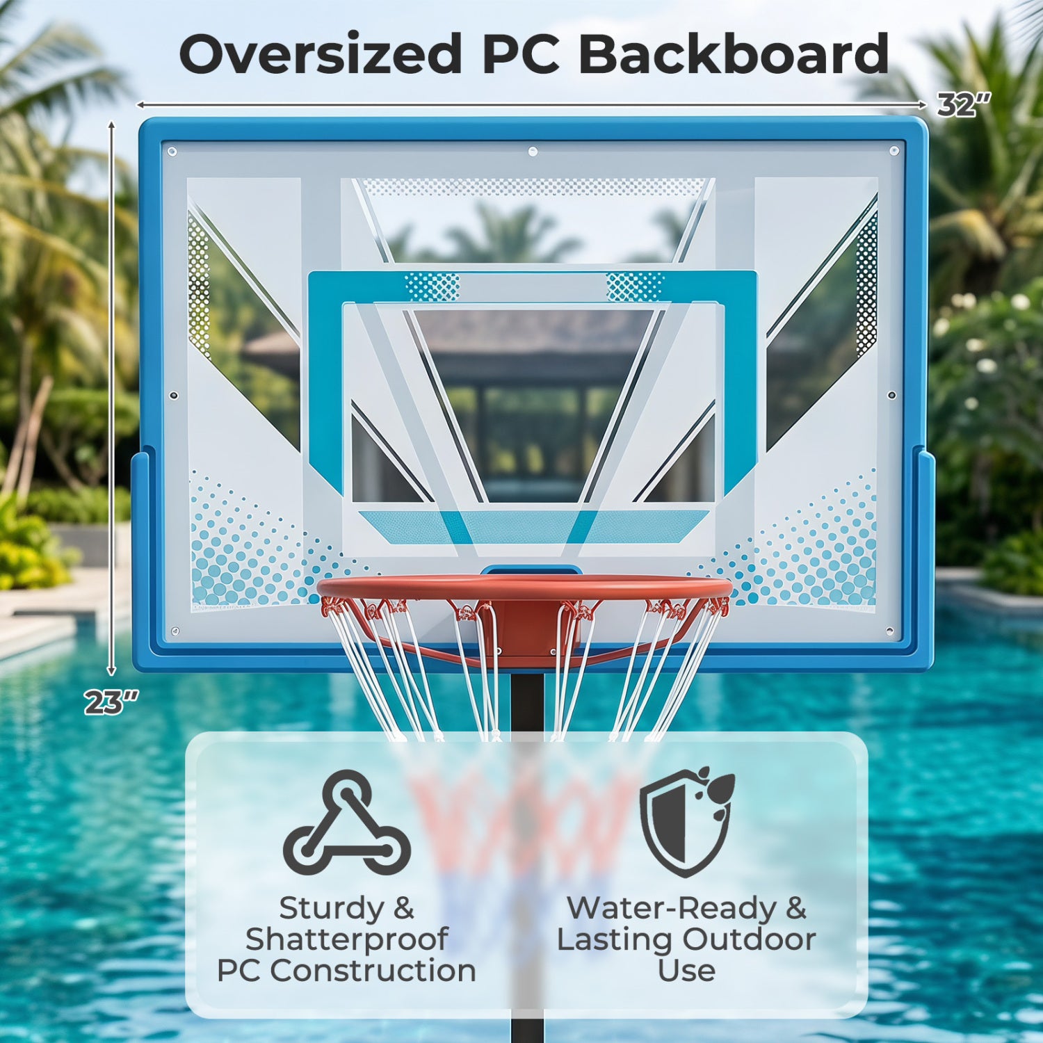Pool Basketball Hoop with 3-Level Adjustable Height and Weighted Base
