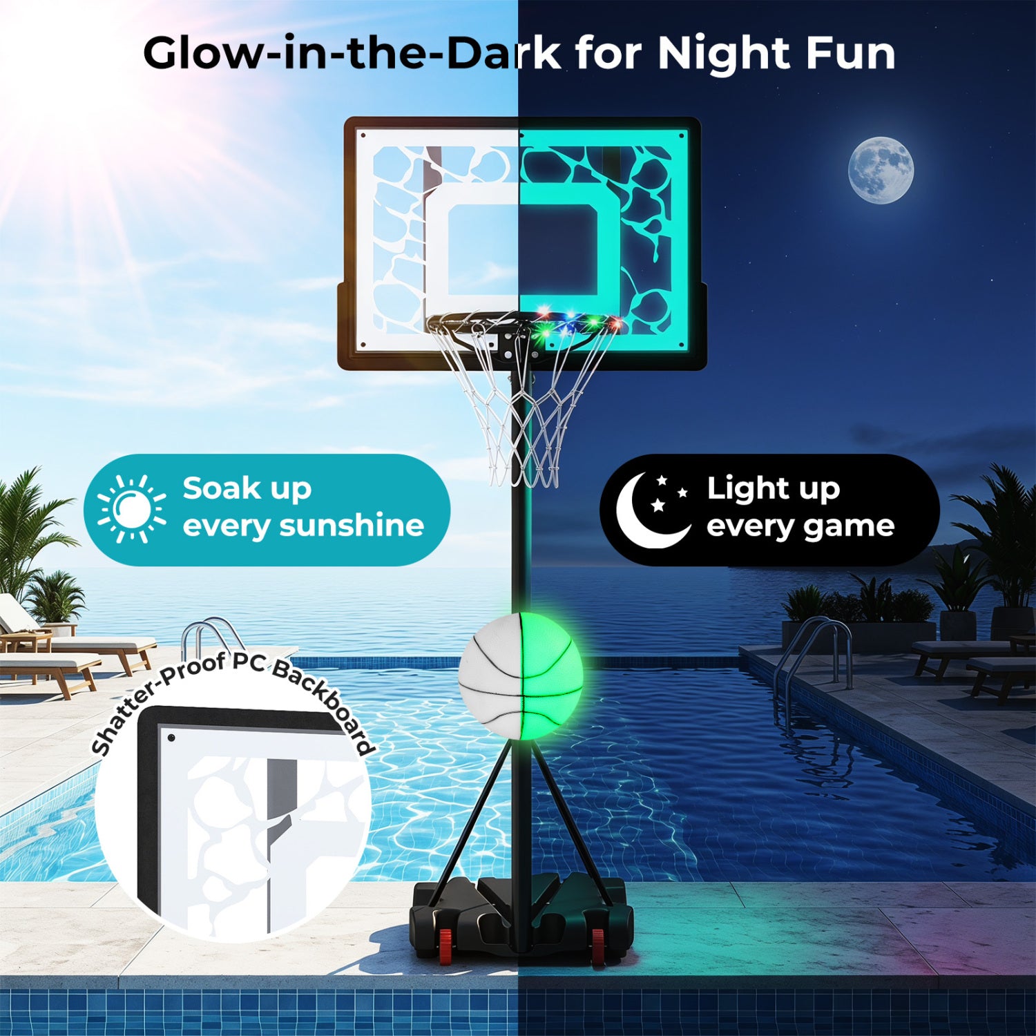 Pool Basketball Hoop with LED for Driveway Poolside Night Training