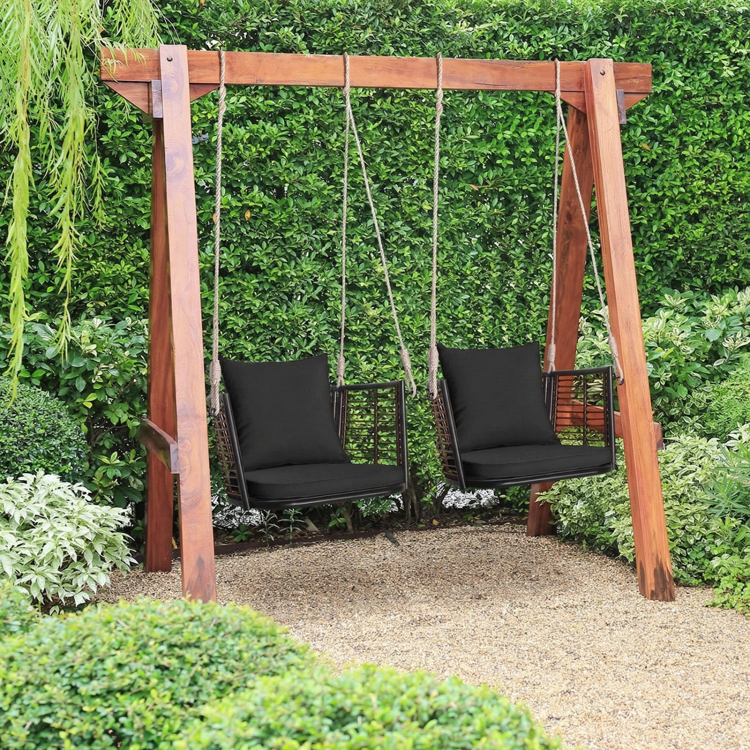 Porch Swing Patio Hanging Rattan Chair with Zippered Cushions and Rope-Black