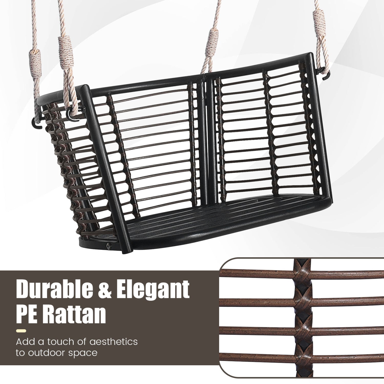 Porch Swing Patio Hanging Rattan Chair with Zippered Cushions and Rope-Black
