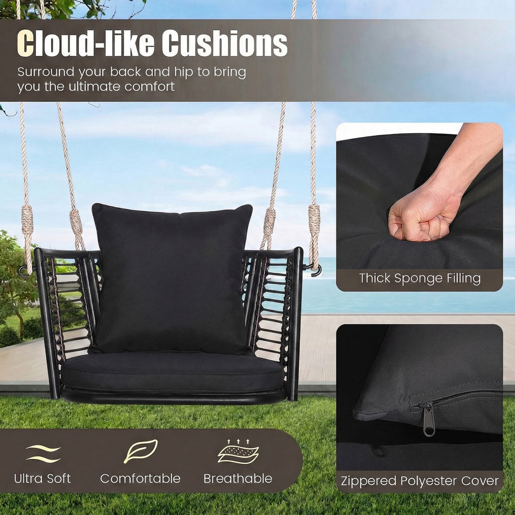 Porch Swing Patio Hanging Rattan Chair with Zippered Cushions and Rope-Black