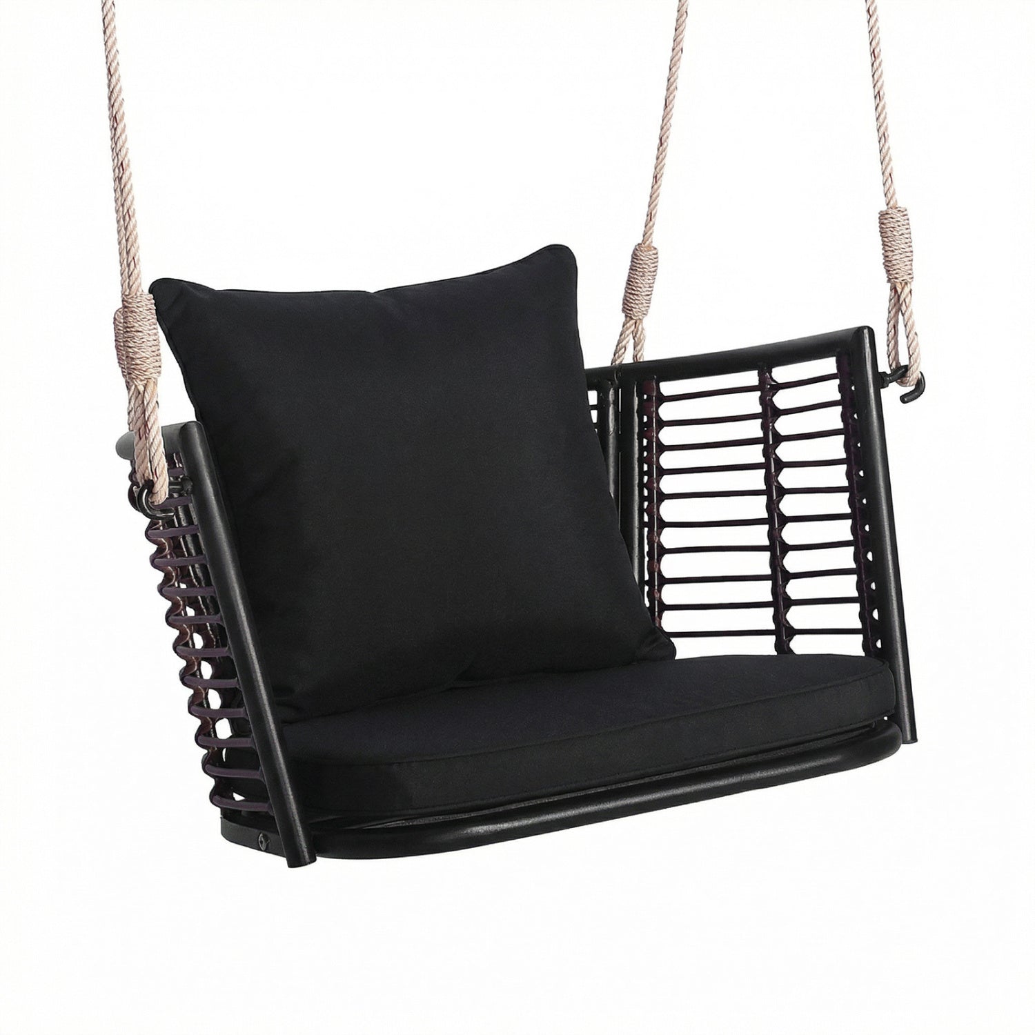 Porch Swing Patio Hanging Rattan Chair with Zippered Cushions and Rope-Black