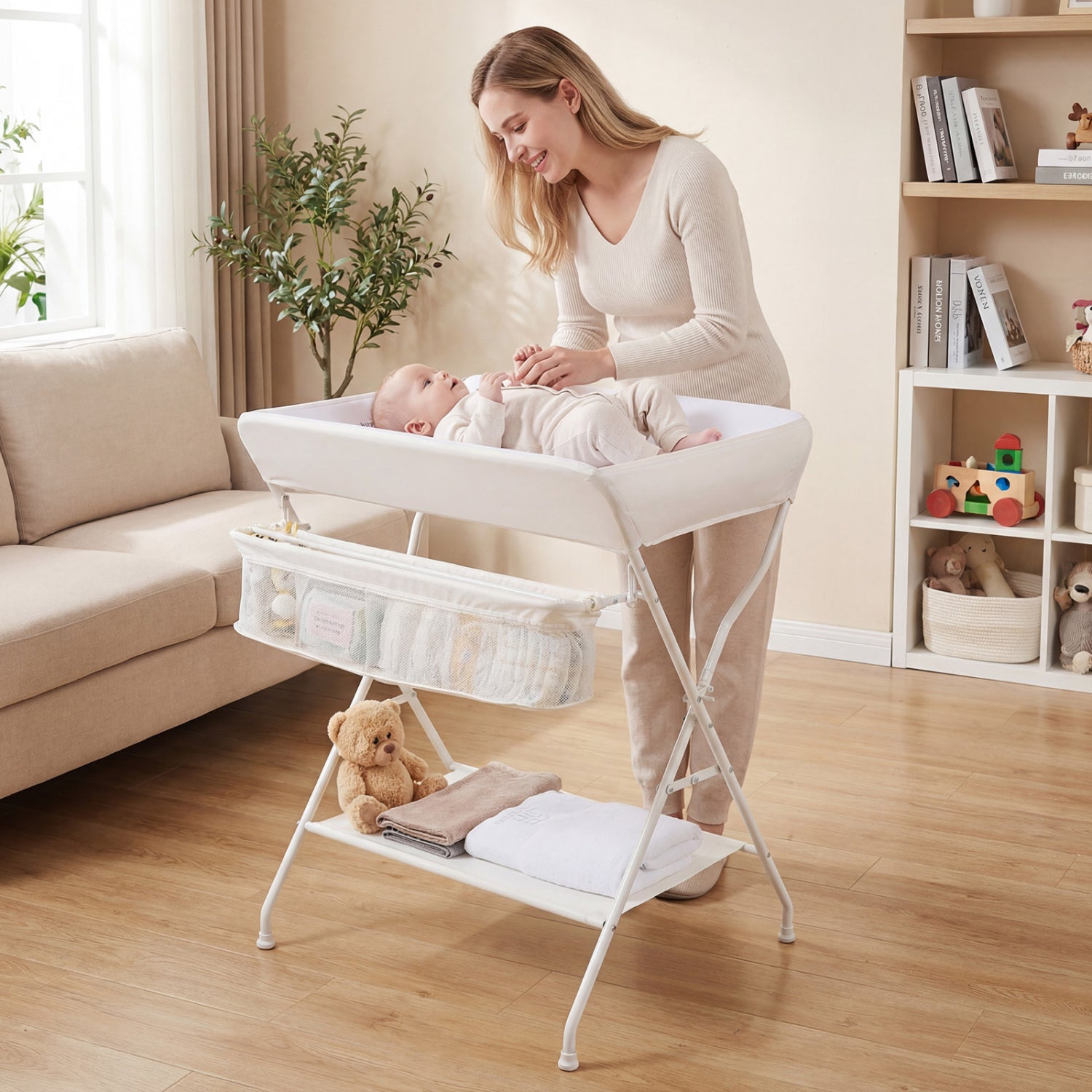 Portable Baby Change Table Folding Newborn Nursery Organizer-Beige