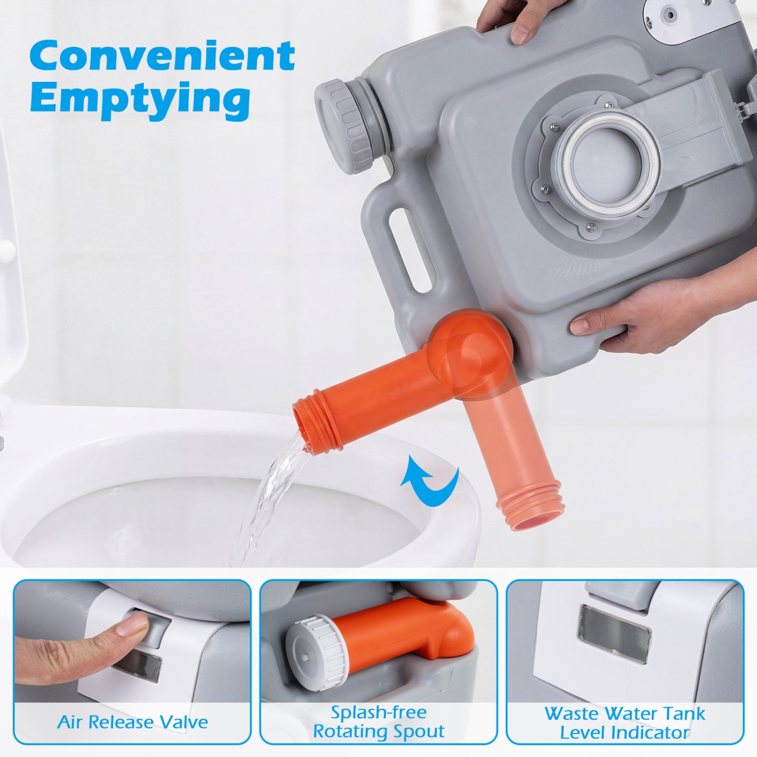 Portable Camping Toilet Porta Potty with Level Indicator and 22 L Detachable Waste Tank-Gray